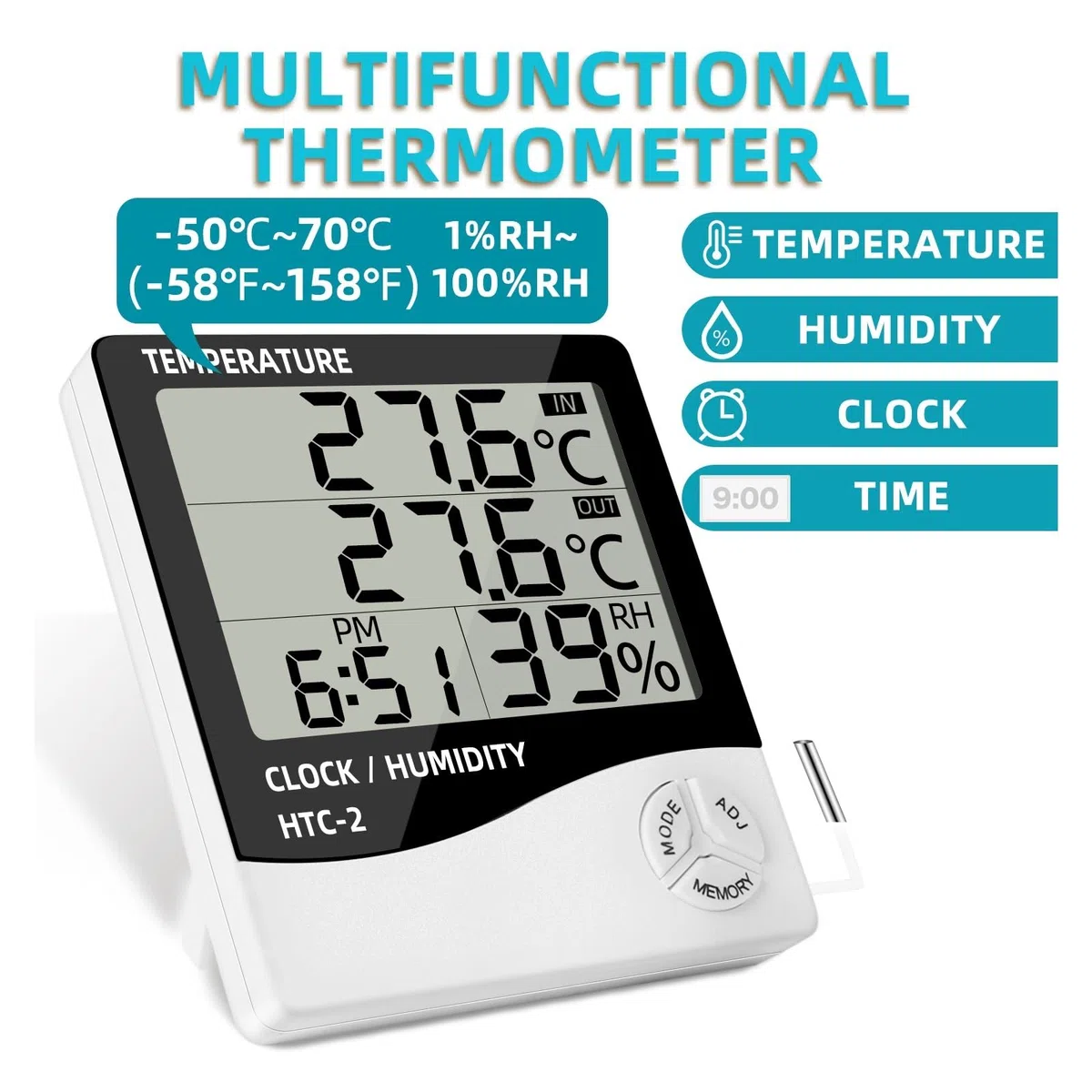 Termoigrometro LCD a Cristallo Digitale Termoigrometro Interno ed Esterno Termometro elettronico Igrometro Stazione meteorologica Orologio
