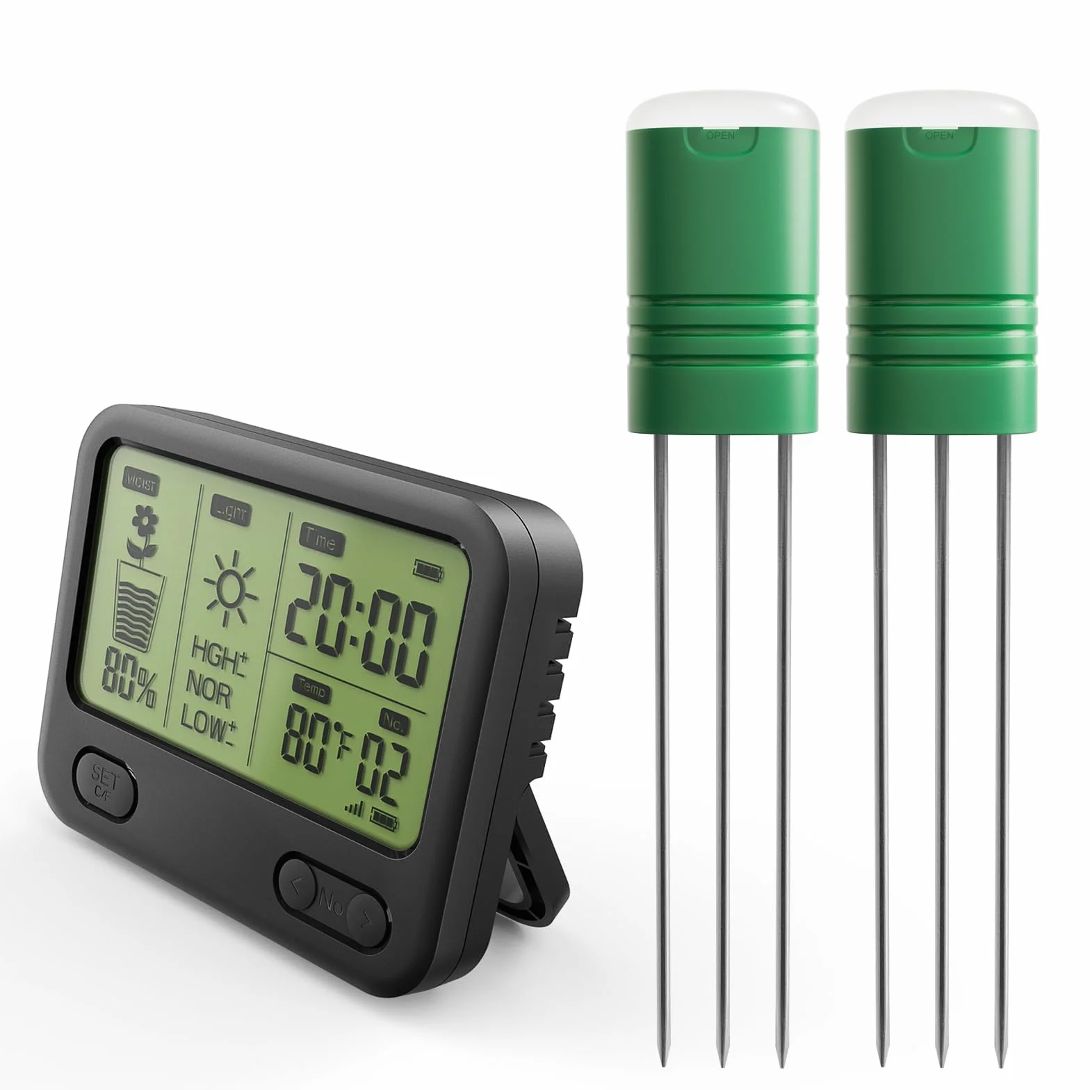 Umidimetro Senza Fili per Pavimento con Ricevitore LCD - Sensore 3 in 1 a 3 sonde (umidità, Temperatura, Luce), Raggio RF di 230 Piedi, Impermeabile, Lunga Durata (2 sensori)