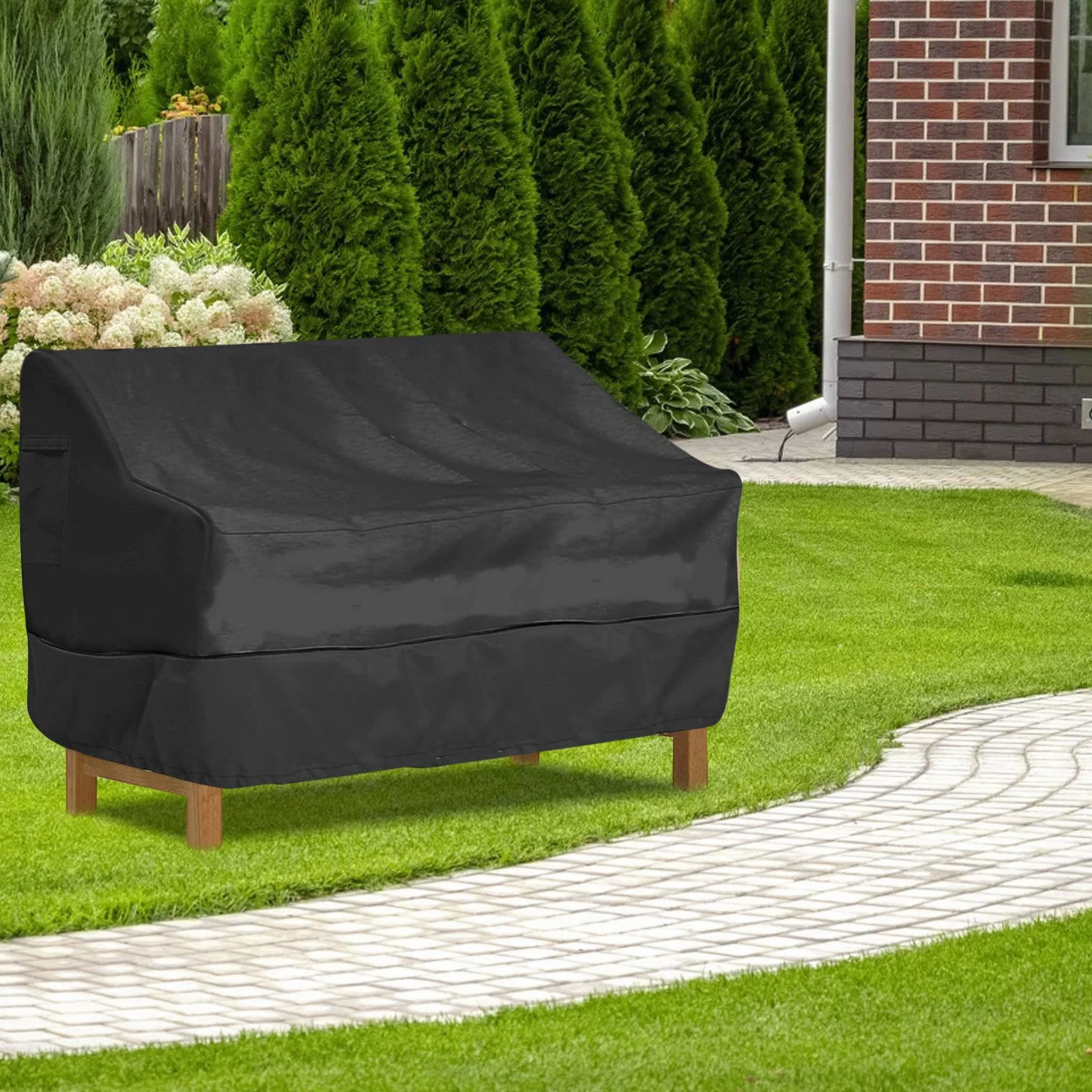 Copertura per Mobili da Giardino, Copertura per Panca Divanetto Tavolino da Giardino Impermeabile Oxford 210D Anti Vento Anti Polvere Copridivano da Giardino (Nero, 193*83*84cm)