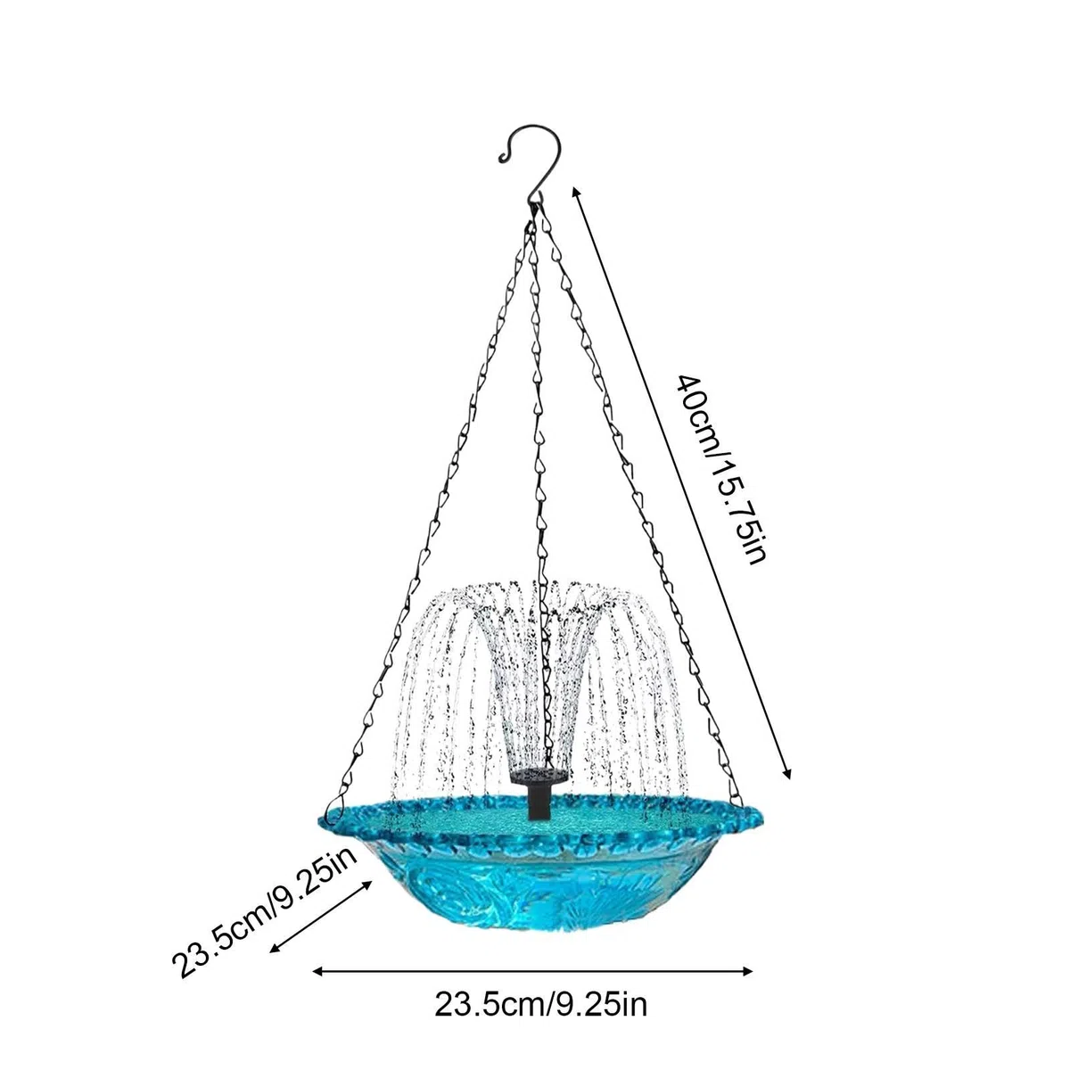 Bagno interattivo per uccelli, fontana solare sospesa, fontana da bagno 23,5 x 23,5 cm con catena in ferro, fontana d'acqua compatta in polipropilene, fontana per uccelli con stile sospeso, doccia per