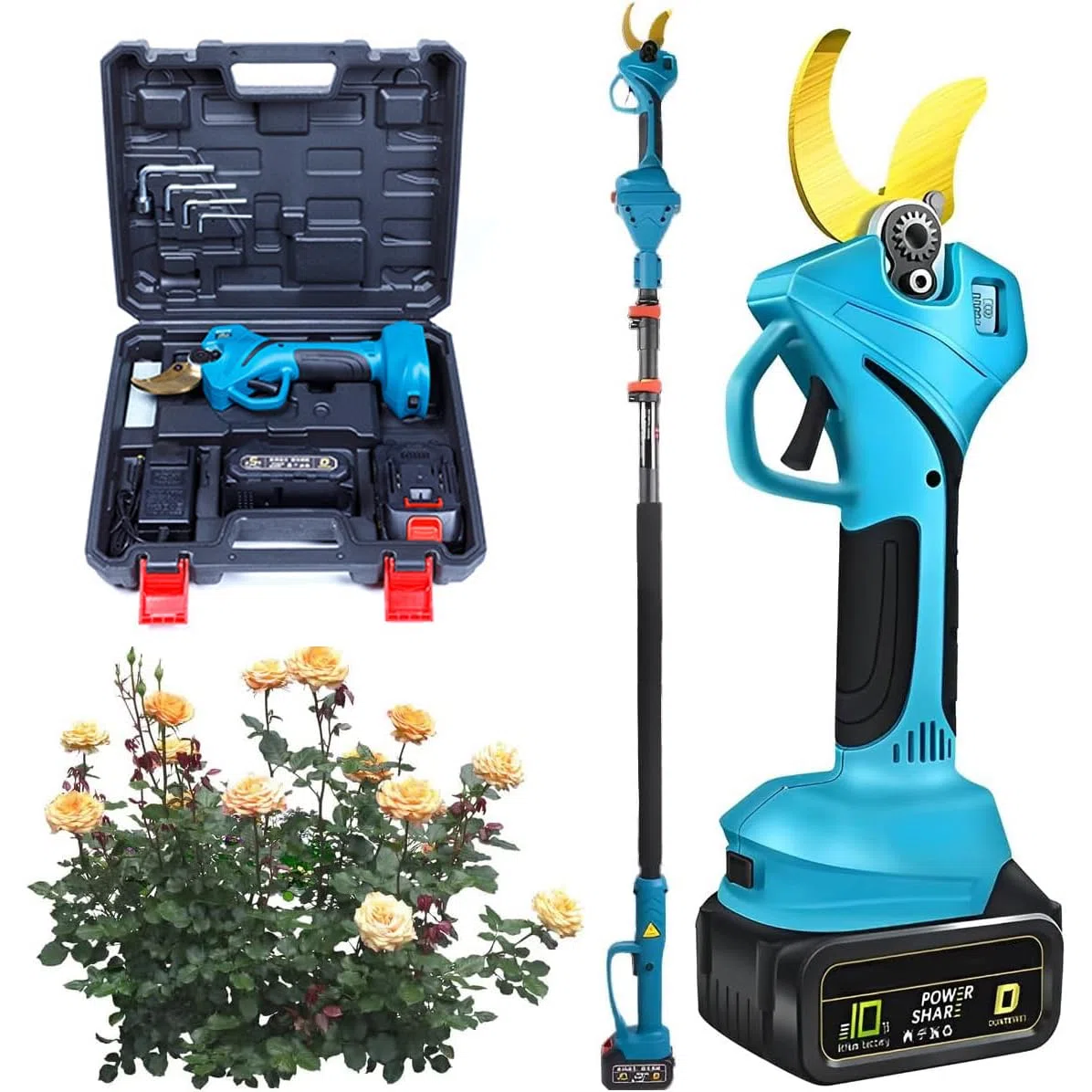 Cesoie da Potatura Elettriche, Potatore Elettrico con Palo Telescopico, Diametro di Taglio 40mm, Batteria al Litio Ricaricabile 2pcs, Kit Cespugli Forbici, per Il Taglio del Ramo Dell'albero