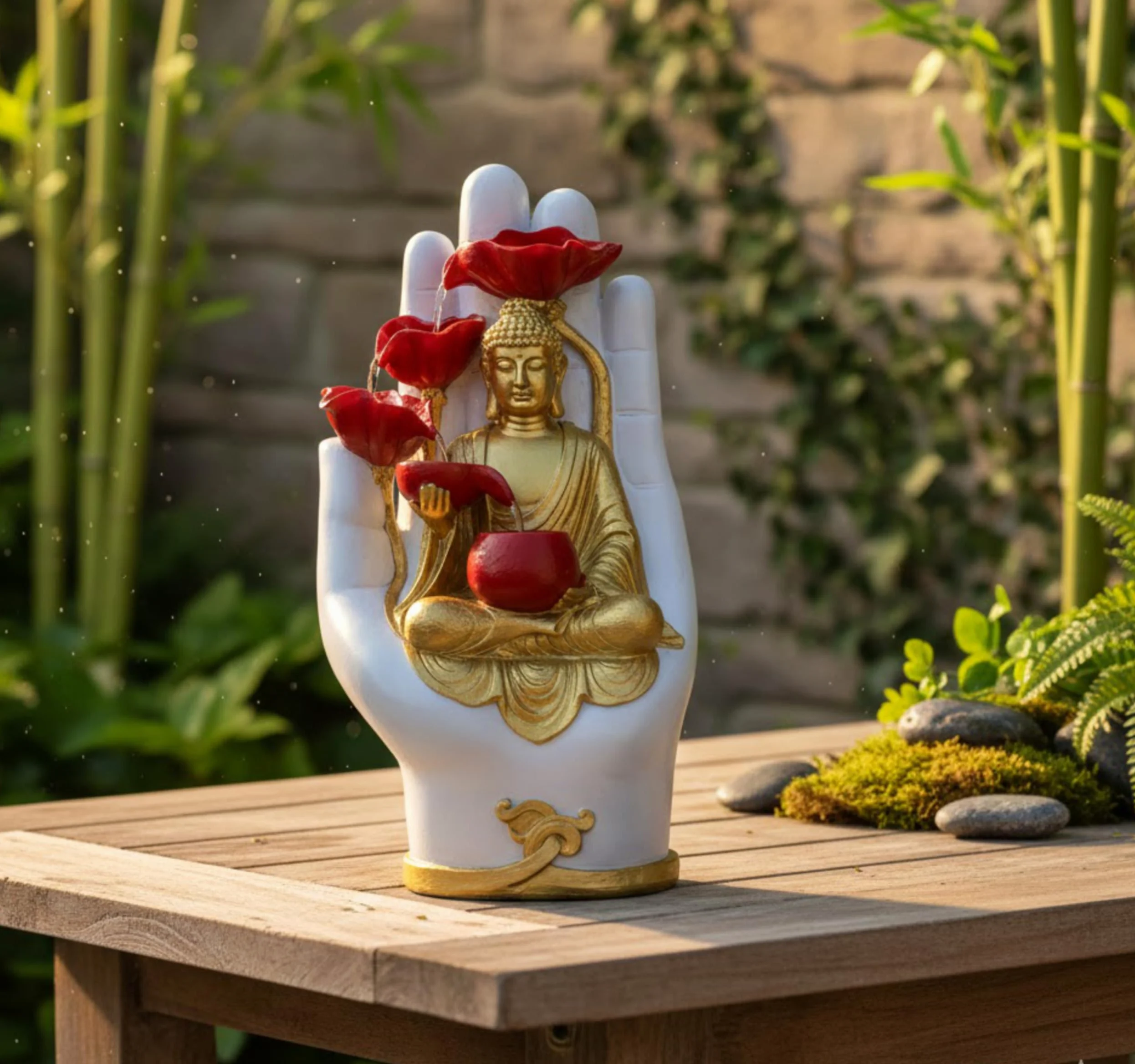 Fontana Solare Buddha da Giardino con Pompa Acqua Pannello Solare 5V & Batteria Ricaricabile, Fontana Esterno/Interno Decorazione Zen Casa, Ufficio, Bacino Statua Buddha LED