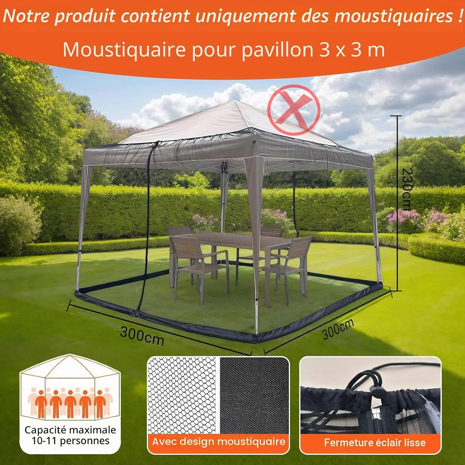 Zanzariera gazebo, 3 x 3 m, zanzariera a rete per esterni, giardino, patio, campeggio (nero, 300 x 300 x 230 cm)