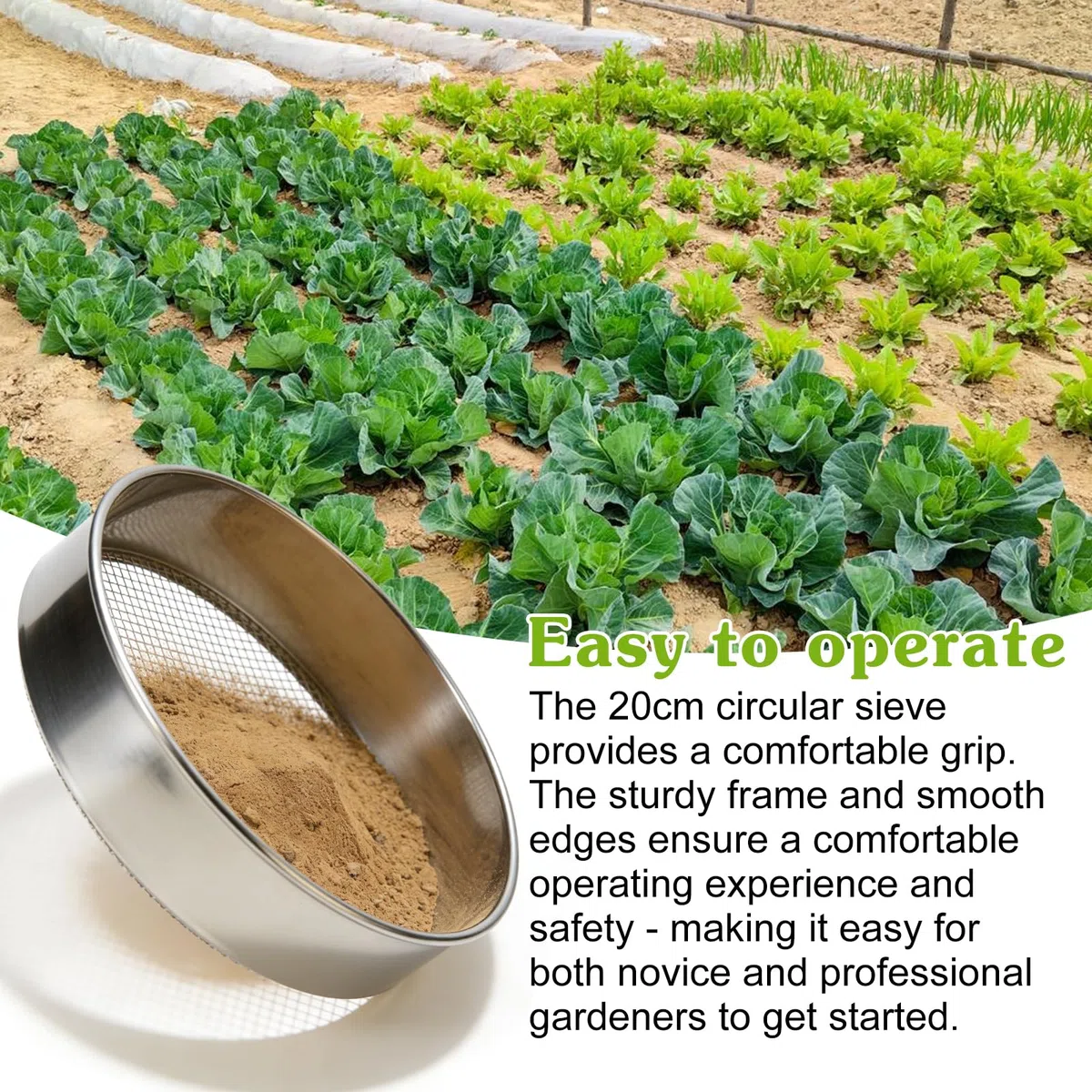 GOMETY Colino da giardino in acciaio inox 5 in 1, colino per compost rotondo, 20 cm, con 5 inserti intercambiabili Ø 3/6/9/10/12 mm, filtro per terra per compost di terra, con paletta da giardino e
