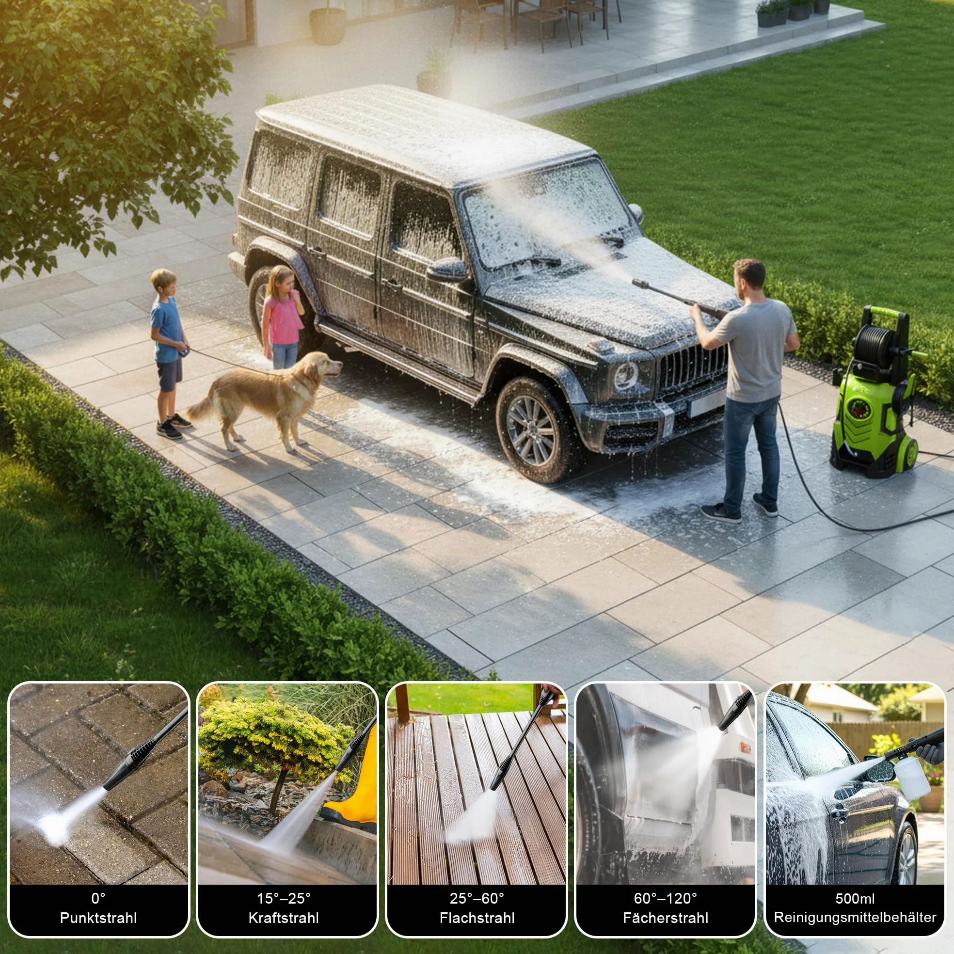 Idropulitrice ad alta pressione da 150 bar, touch screen a 8 livelli, 3 modalità, 250-420 l/h, 60 m²/h, con avvolgitubo, pistola per schiuma da 500 ml, fresa per sporco, tubo da 7 m