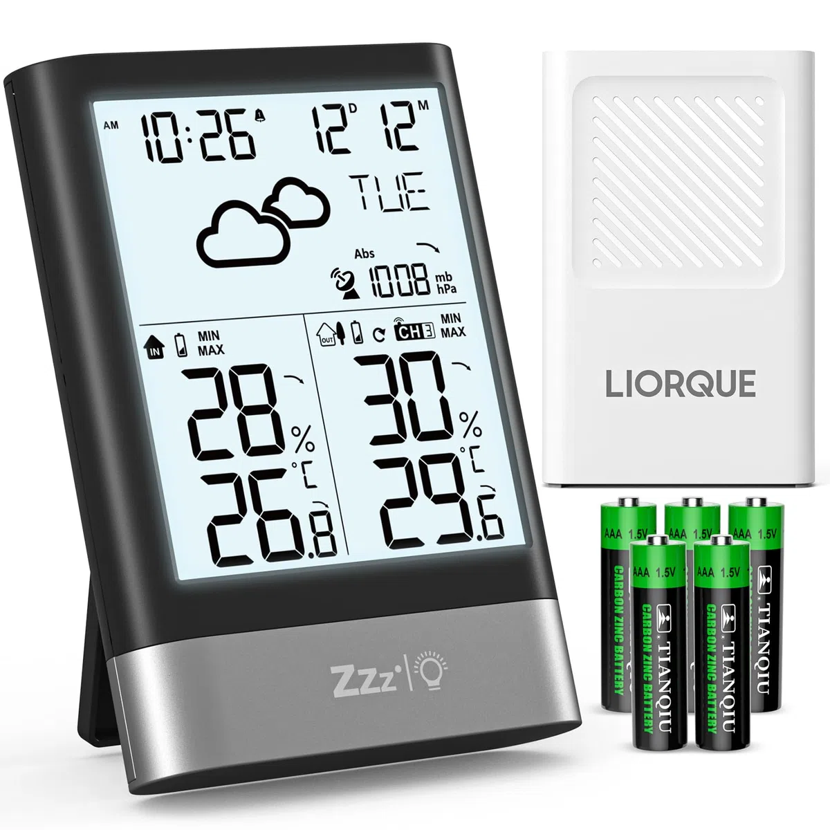 LIORQUE Stazione Meteo Con Sensore Esterno, Stazione Meteorologica Wireless Con RCC, Previsioni Del Tempo, Sveglia, Data, Temperatura,Umidità, Retroilluminazione Regolabile, Nero (Batteria Inclusa)