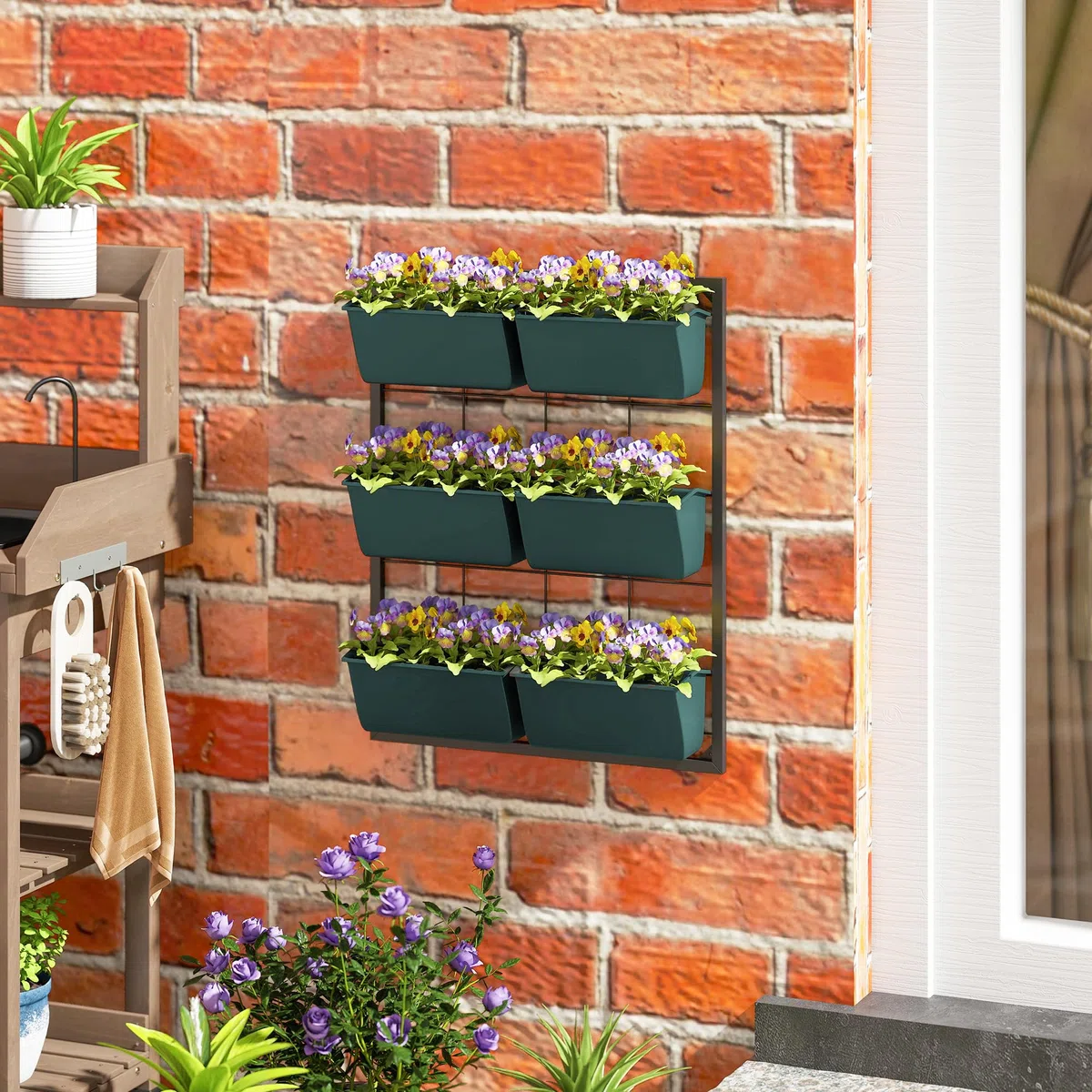Outsunny Porta Piante da Esterno Verticale a 3 Livelli, 6 Vasi per Piante da Esterno in Plastica con Fori di Drenaggio, Portavasi da Appendere per Fiori ed Erbe Aromatiche, 52x14x66 cm, Verde Scuro