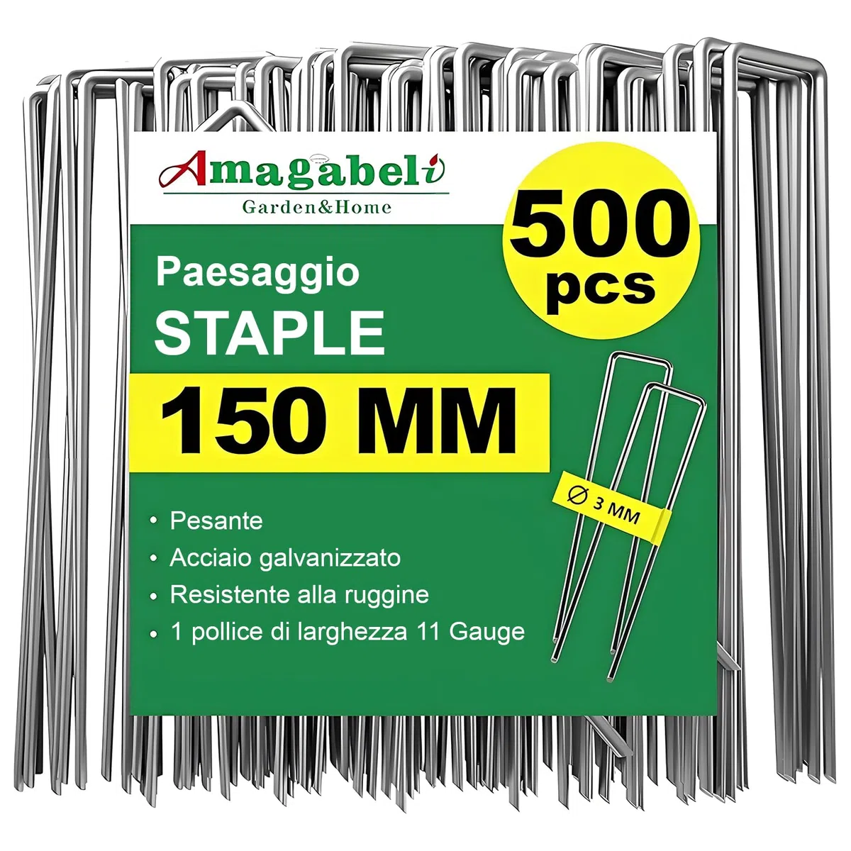 Amagabeli - Confezione da 500 picchetti da giardino da 15,2 cm, zincati, con membrana per il controllo delle erbacce, diametro di 3 mm, resistenti, per erba artificiale, barriera in tessuto