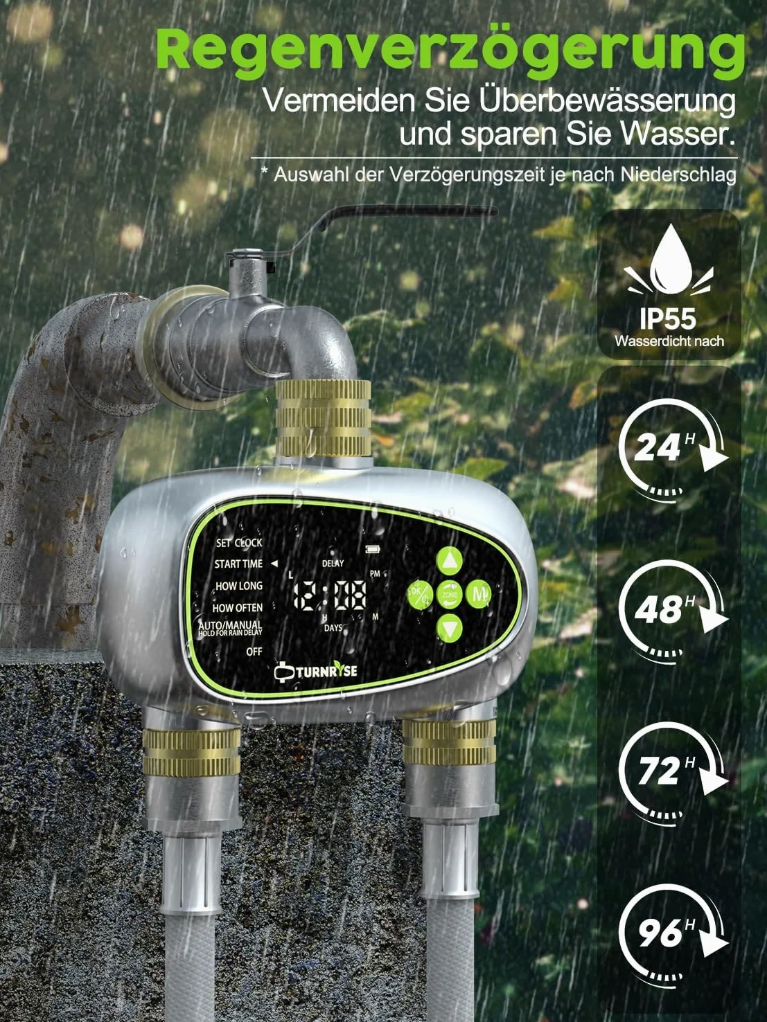Centralina di Irrigazione 2 Vie Timer Irrigazione con Ingresso e Uscita in Ottone Ritardo della Pioggia e Irrigazione Automatica Manuale con Programmi per Prati e Giardini