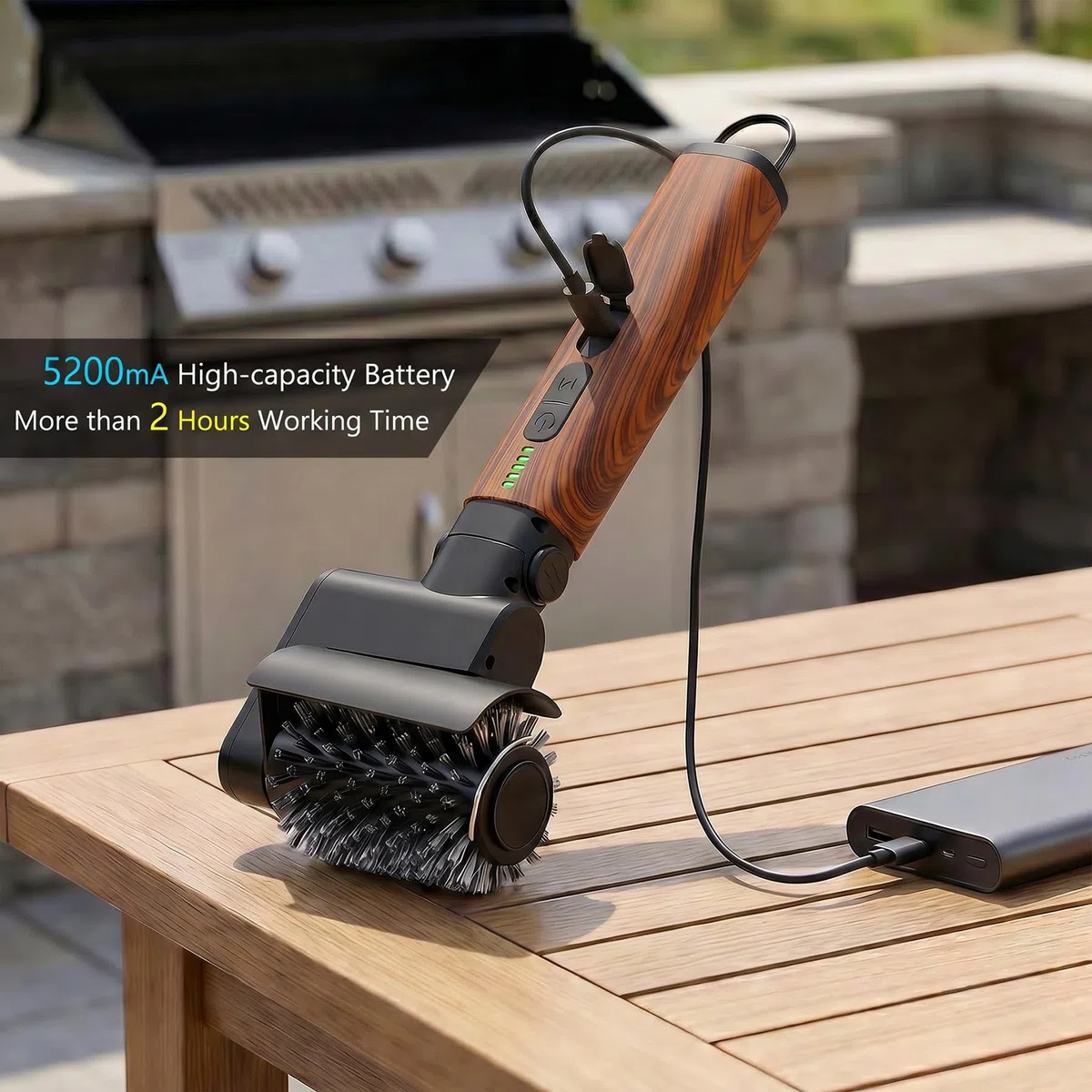 Spazzola elettrica per barbecue a batteria, testa regolabile a 90°, motore a 3 livelli, autonomia di 150 minuti, impermeabile, testine per griglia, affumicatore, piastra per barbecue (rivestimento in