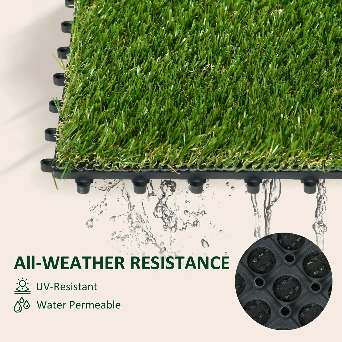Outsunny Tappeto erboso sintetico artificiale Set di 10 piastrelle 30 x 30 cm spessore comfort 3 cm ad incastro verde
