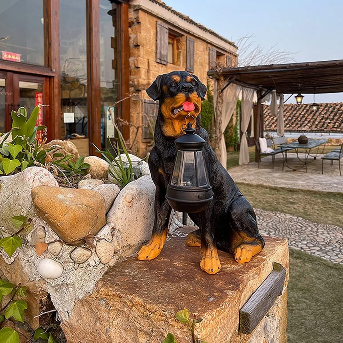 Statua del Cane da Giardino, Ornamento da Esterno con Luce Solare, Statue di Rottweiler in Resina con Lanterna Solare a LED, Regali di Rottweiler per Gli Amanti dei Cani