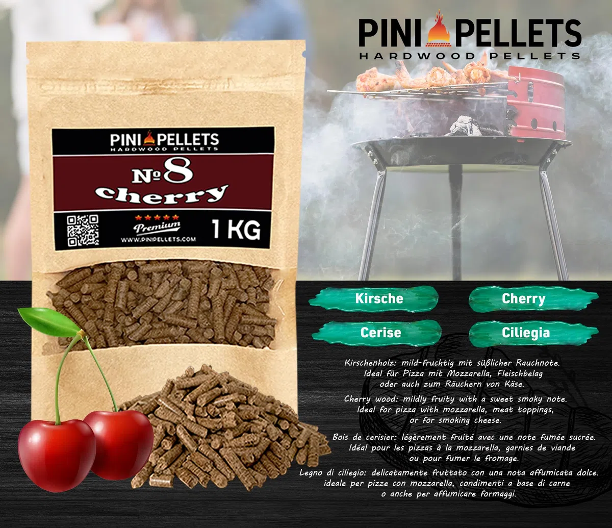 PINI Set di pellet in legno naturale, 4 x 1 kg, per affumicatore a scelta tra 4 varietà – pellet di faggio n. 5, pellet di ciliegia n. 8, pellet di mela n. 9, Erlenpellets Nr 11 – legno puro