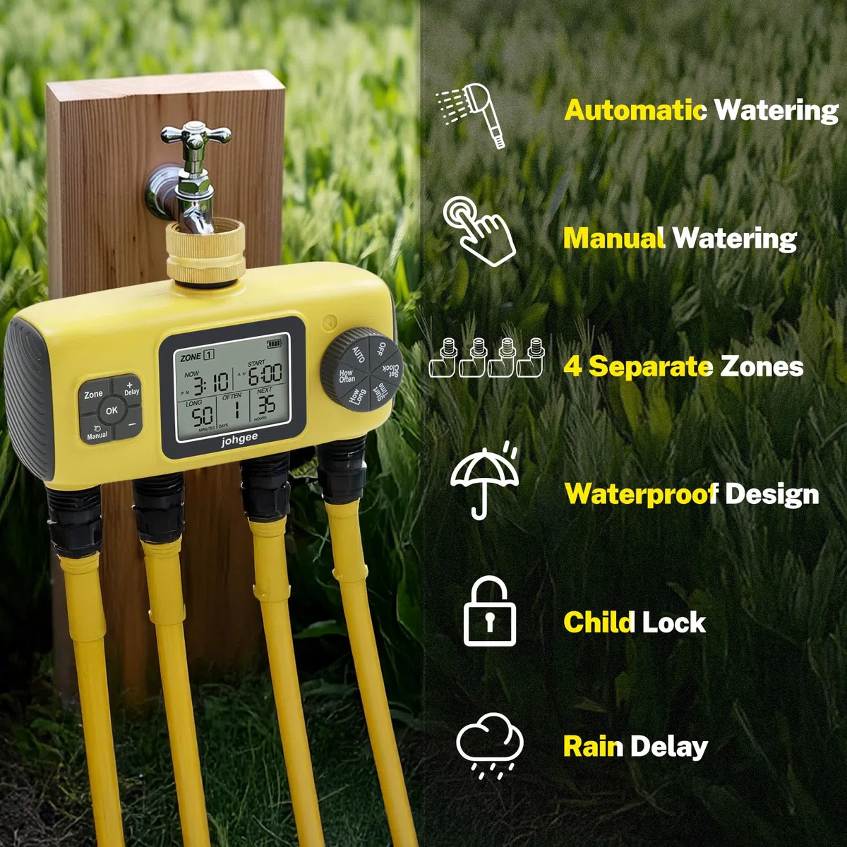 Johgee Centralina Irrigazione 4 vie, con Ingresso in Ottone, 4 Vie Timer Irrigazione Automatica Digitale Ritardo per Pioggia/Bewässerung Manuale, Programmatore Irrigazione per Prato e Giardino