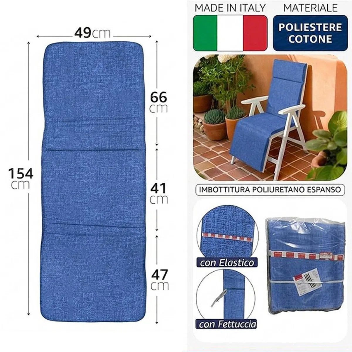 Sicignano Cuscino per Sdraio con Prolunga Capri, Cotone e Poliestere, 154x49 cm, Beige e Blu, con Elastico e Fettuccia (Blu)
