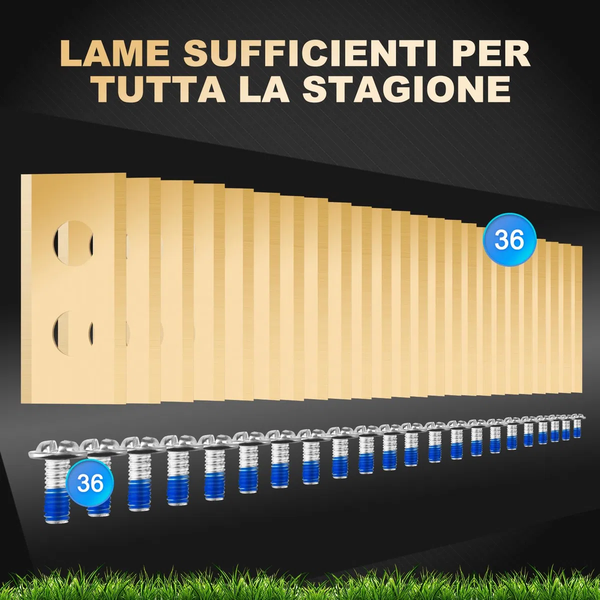Set di 36 lame compatibili con TUTTI i robot rasaerba Worx Landroid, LandXcape, Einhell, Eufy, TerraMow, ECOVACS, coltelli di ricambio durevoli in titanio, comprese viti con rivestimento di sicurezza