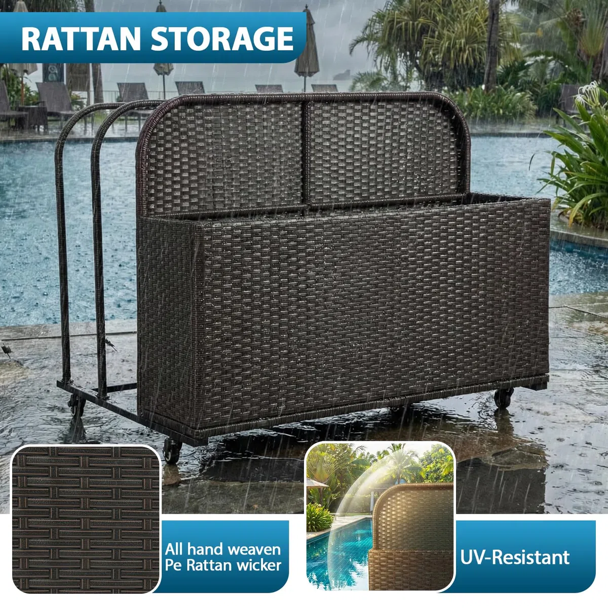 FDW Contenitore per galleggianti da piscina, con ruote, cestino in rattan sintetico, scomparti aperti per galleggianti, noodles, giubbotti di salvataggio, palline da spiaggia, attrezzature cuscini