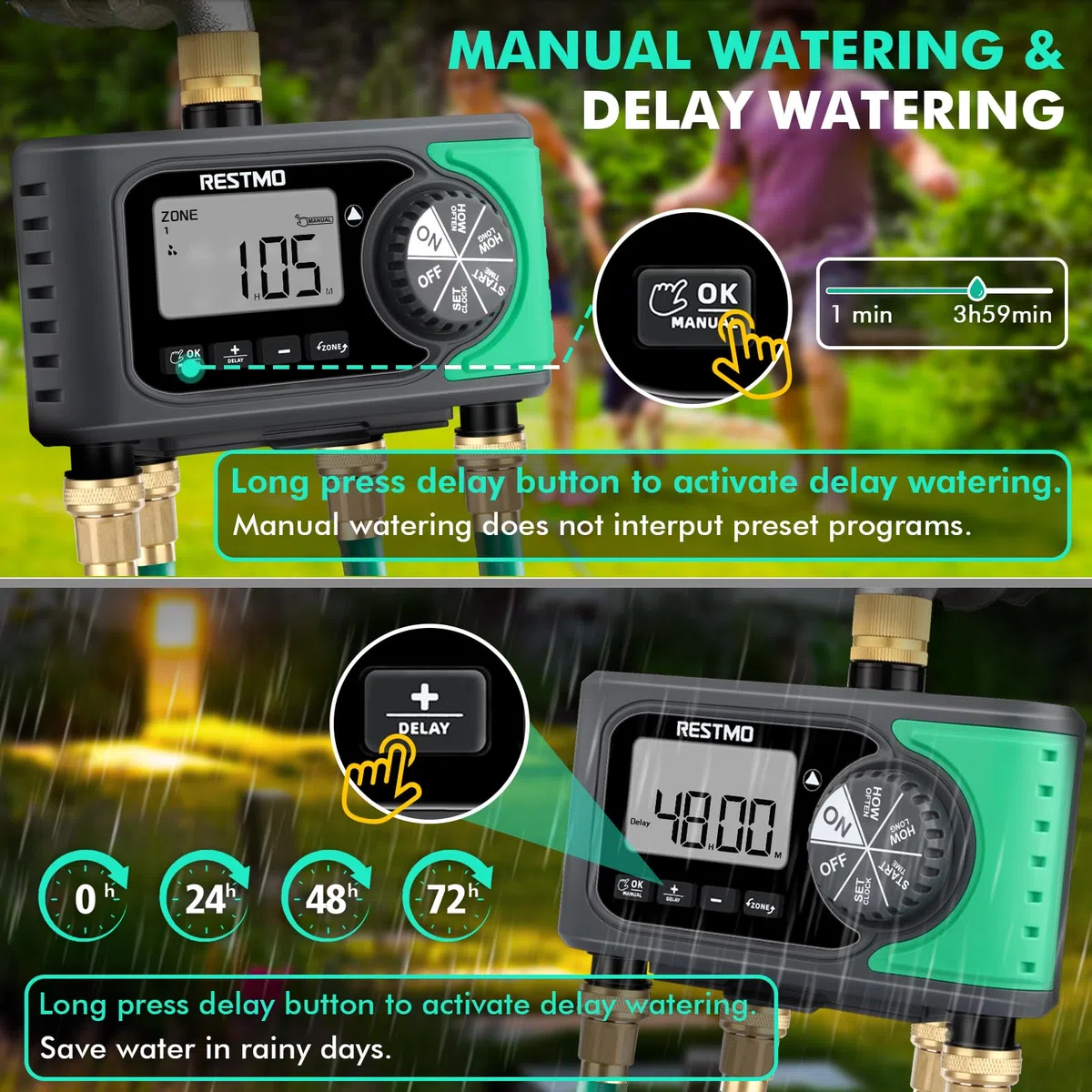 RESTMO Timer irrigatore a 4 uscite con ingresso in ottone, timer dell'acqua programmabile a 4 zone per tubo da giardino, controllo digitale automatico, ON/OFF manuale, ritardo pioggia, per rubinetto