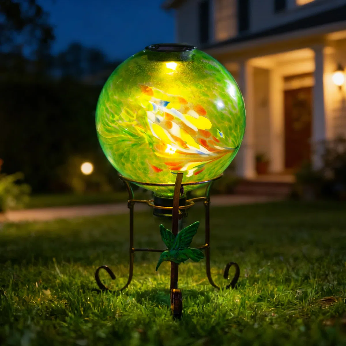 Sfera di vetro solare da 25,4 cm, con supporto in metallo alto 23,9 cm, espositore per luci a sfera solare, per esterni, giardino, prato, cortile, decorazione artistica verde