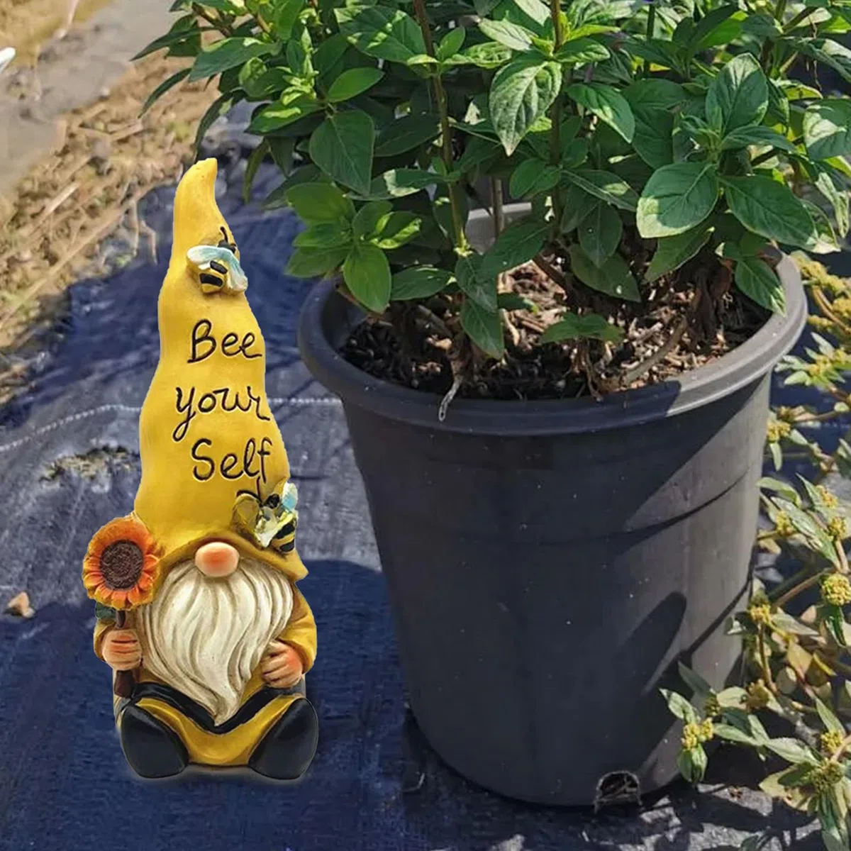 GNOME Elf Statua da giardino, in resina, nano da giardino con cappello, graziosa figura da giardino per aiuola, terrazzo e prato 14 * 9.5 * 24.5 cm (Girasole giallo)