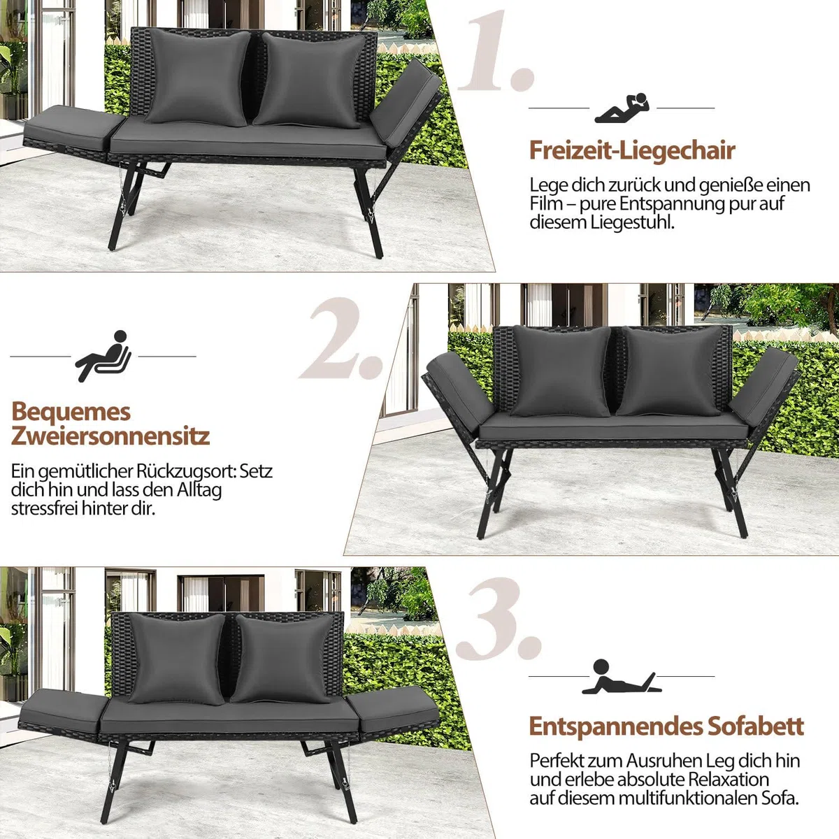 Panchina da giardino in polyrattan 3 in 1 con funzione sdraio, divano da balcone a 2 posti, pieghevole, braccioli pieghevoli, rivestimenti rimovibili, mobili da salotto per giardino, balcone