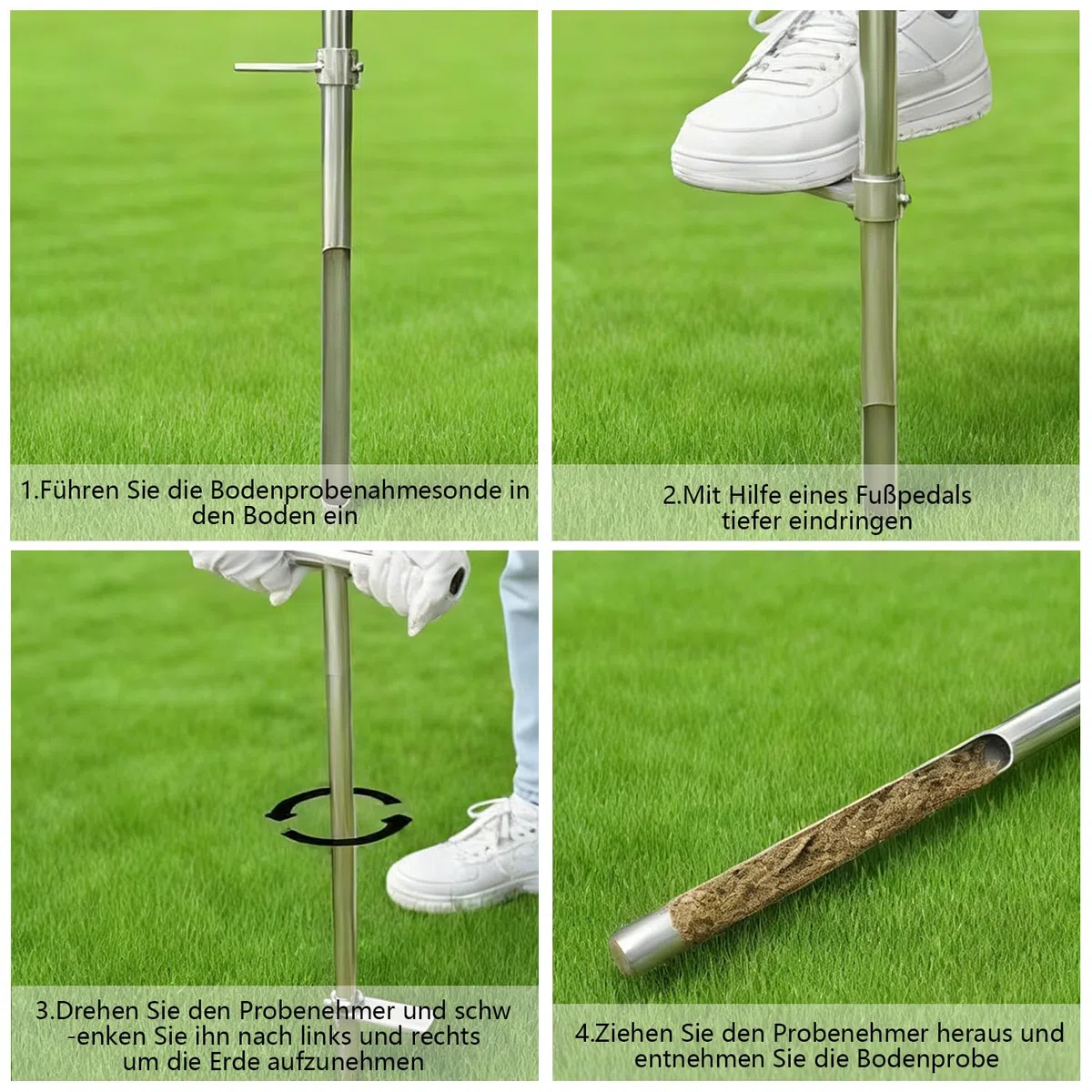 Sonda per campione di terreno, 91 cm, in acciaio inox, con impugnatura a T e pedale, campionatore a T con 2 campioni riutilizzabili, campionatore per la cura delle piante, giardino, prato, agricoltori
