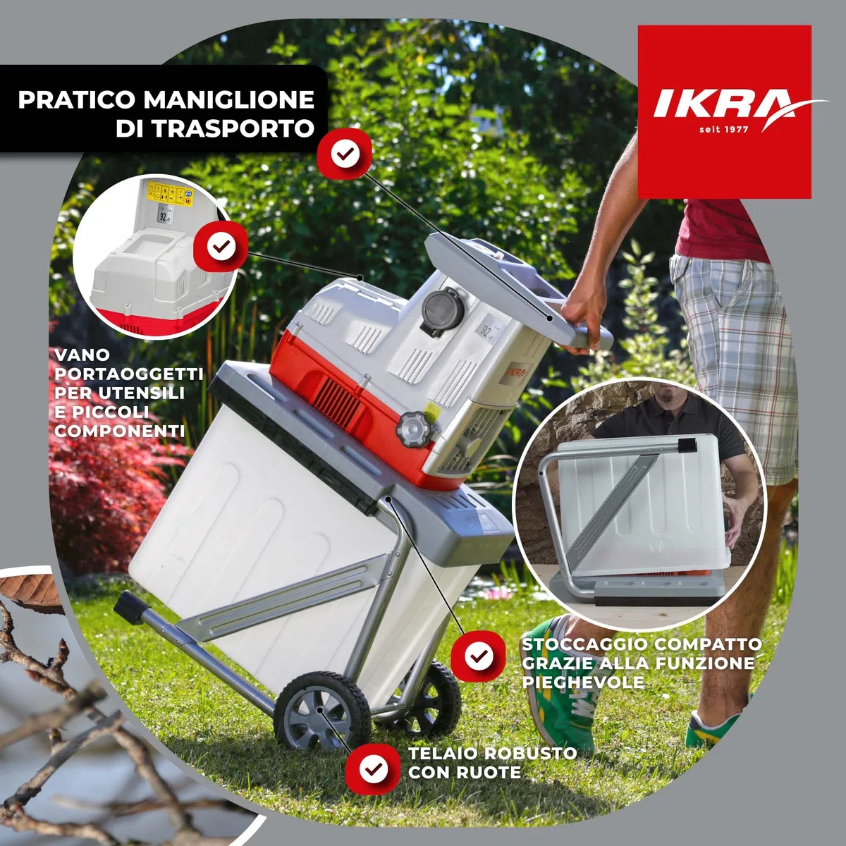 IKRA trituratore elettrico ILH 3000A, con forbici e occhiali di protezione | Motore ad alte prestazioni, silenzioso e robusto, 3000W, alimentazione automatica dei rami Ø 44 mm, retromarcia