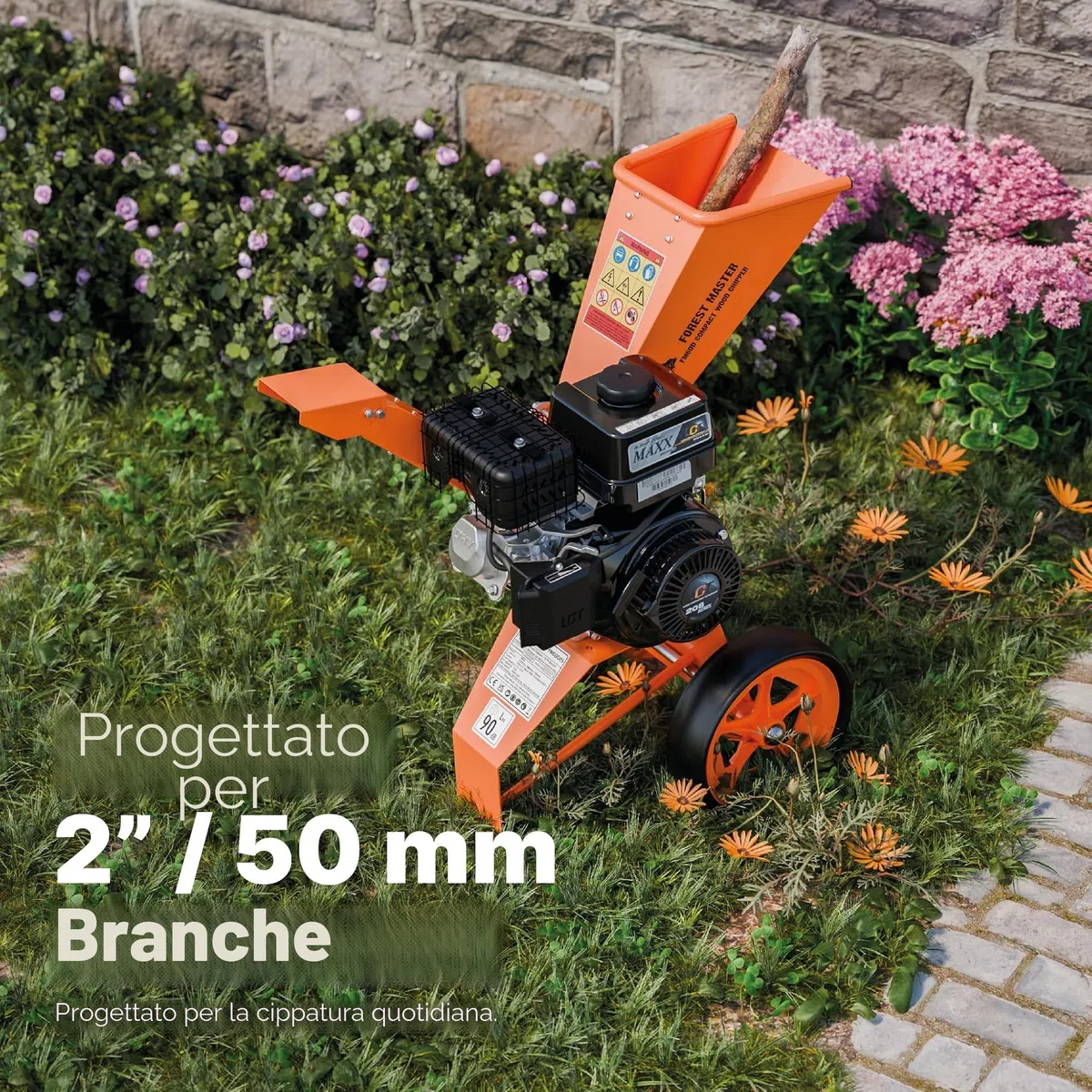 Forest Master 6hp - Cippatrice compatta a benzina con azionamento diretto 208 cc, 4 tempi, per produrre pezzi fino a 50 mm di diametro, portatile, leggera e ben bilanciata, facile da riporre