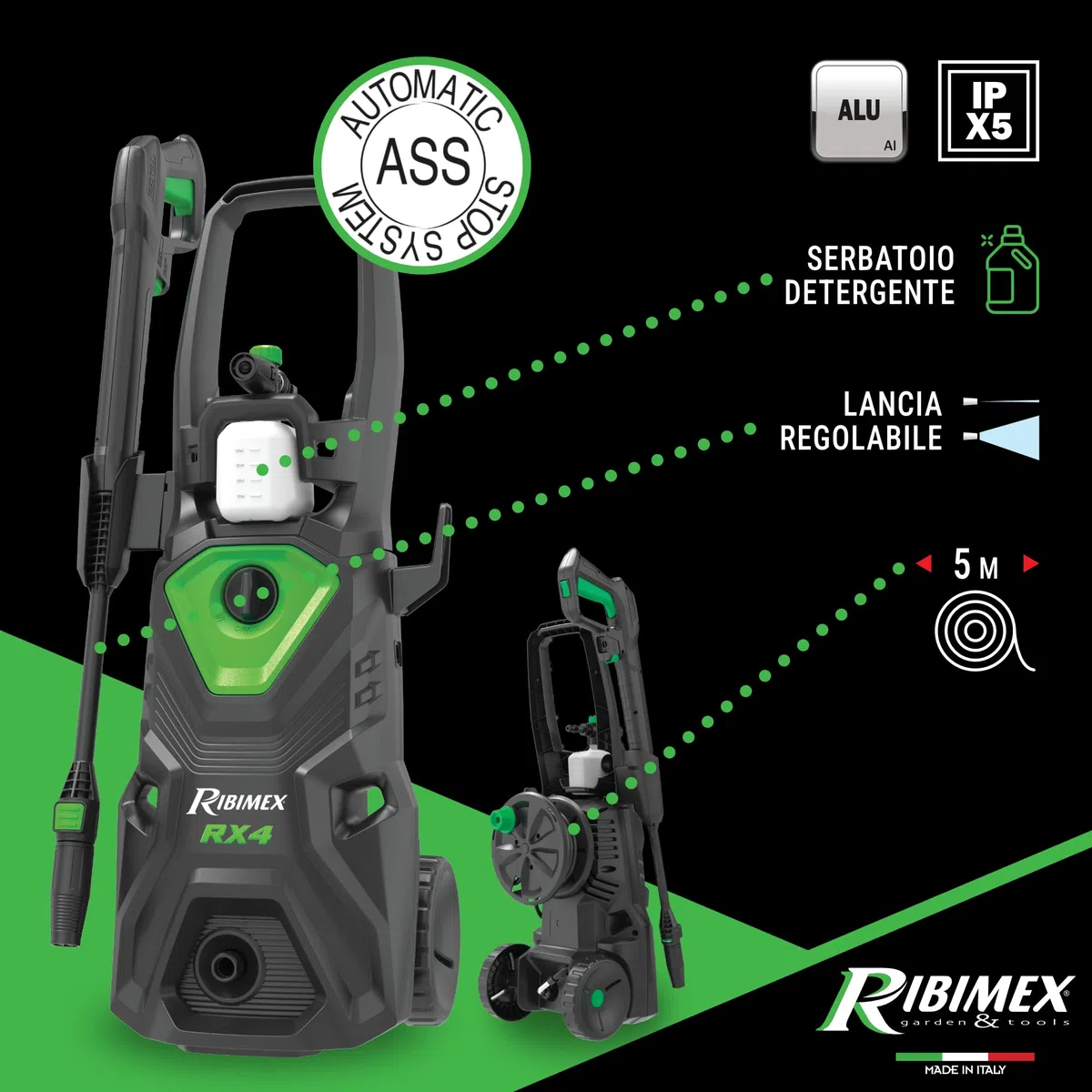 Ribimex Idropulitrice ad Alta Pressione RX4, 2200W, 160 Bar, 480 L/h, Getto Regolabile, Serbatoio Detergente 550 mL, Tubo da 5 m, Protezione IPX5, Arresto Automatico, Avvolgitubo Integrato - PRNHP04