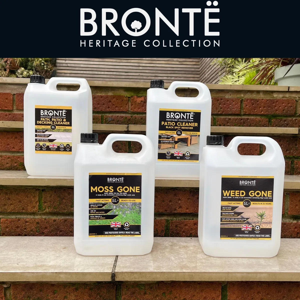 Bronte Heritage Patio Black Spot Remover 5L – Soluzione ad azione rapida per macchie nere ostinate, licheni, muschio e macchie. Non necessita di strofinare, per patio, pavimentazione, vialetti e