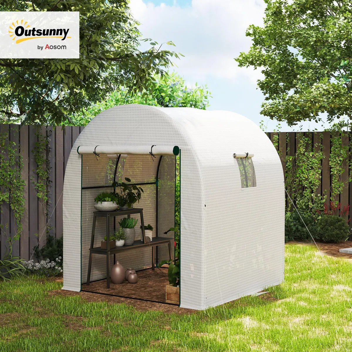 Outsunny Serra da Giardino a Tunnel 1.8x1.8x2 m con 2 Porte e Finestre Avvolgibili, Serra per Orto con Struttura in Acciaio e Copertura PE, per Orto Verdure Fiori Frutta, Anti UV, Bianco