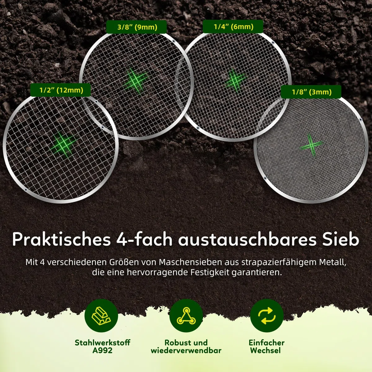 Upgrade - Colino a manovella 5 in 1, in metallo, Ø 30 cm, con 4 setacci (3/6/9/12 mm), efficace filtro per terra, pietre, sabbia, compost, erbacce, filtri intercambiabili per giardinaggio