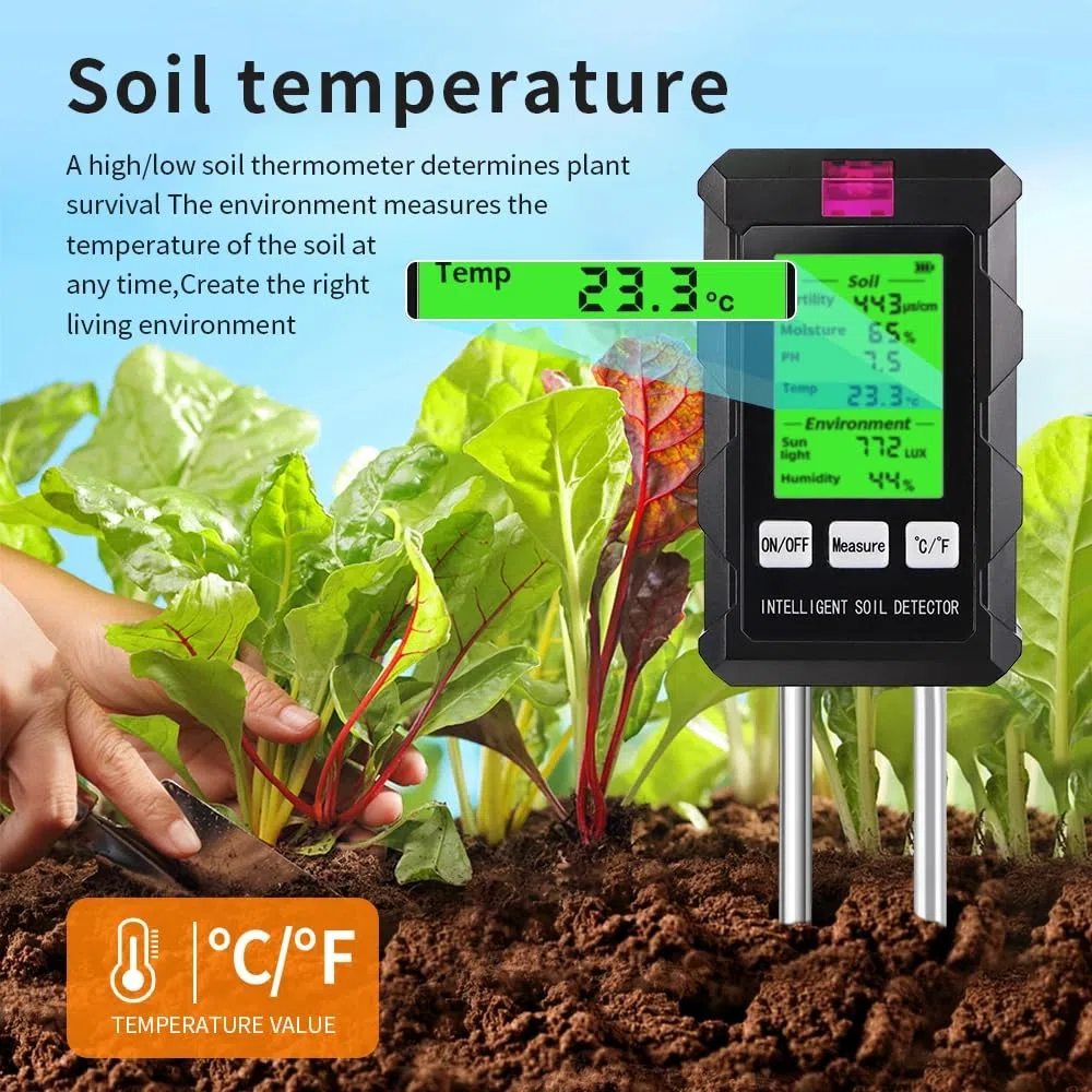DollaTek Misuratore di terreno 6 in 1 Misuratore di umidità fertilità del suolo pH temperatura luce ambientale e umidità con schermo illuminato HD per la coltivazione di piante in giardinaggio
