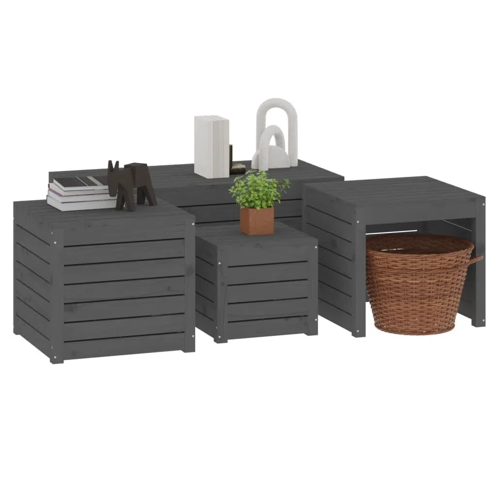Set di 4 scatole da giardino in legno di pino massiccio grigio, contenitore esterno con coperchio per giocattoli e attrezzi, grande capacità di stoccaggio per cuscini