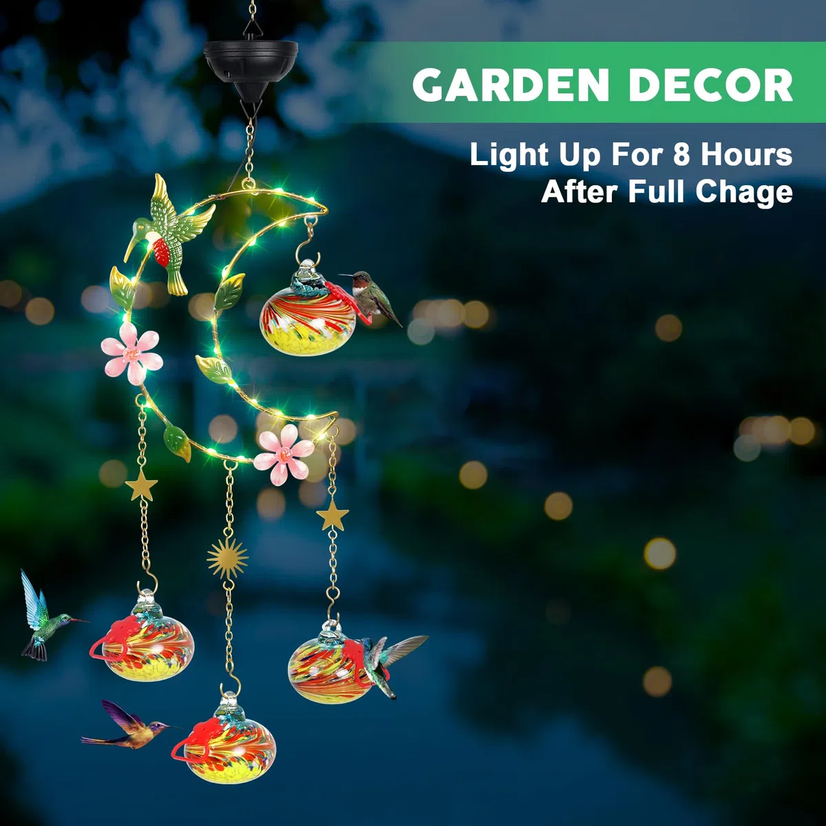 Headak Life Alimentatori solari per colibrì per esterni, da appendere, a prova di formiche e api, luce solare lunare, decorazione da giardino con 4 stazioni di alimentazione, regalo per uomo e donna,