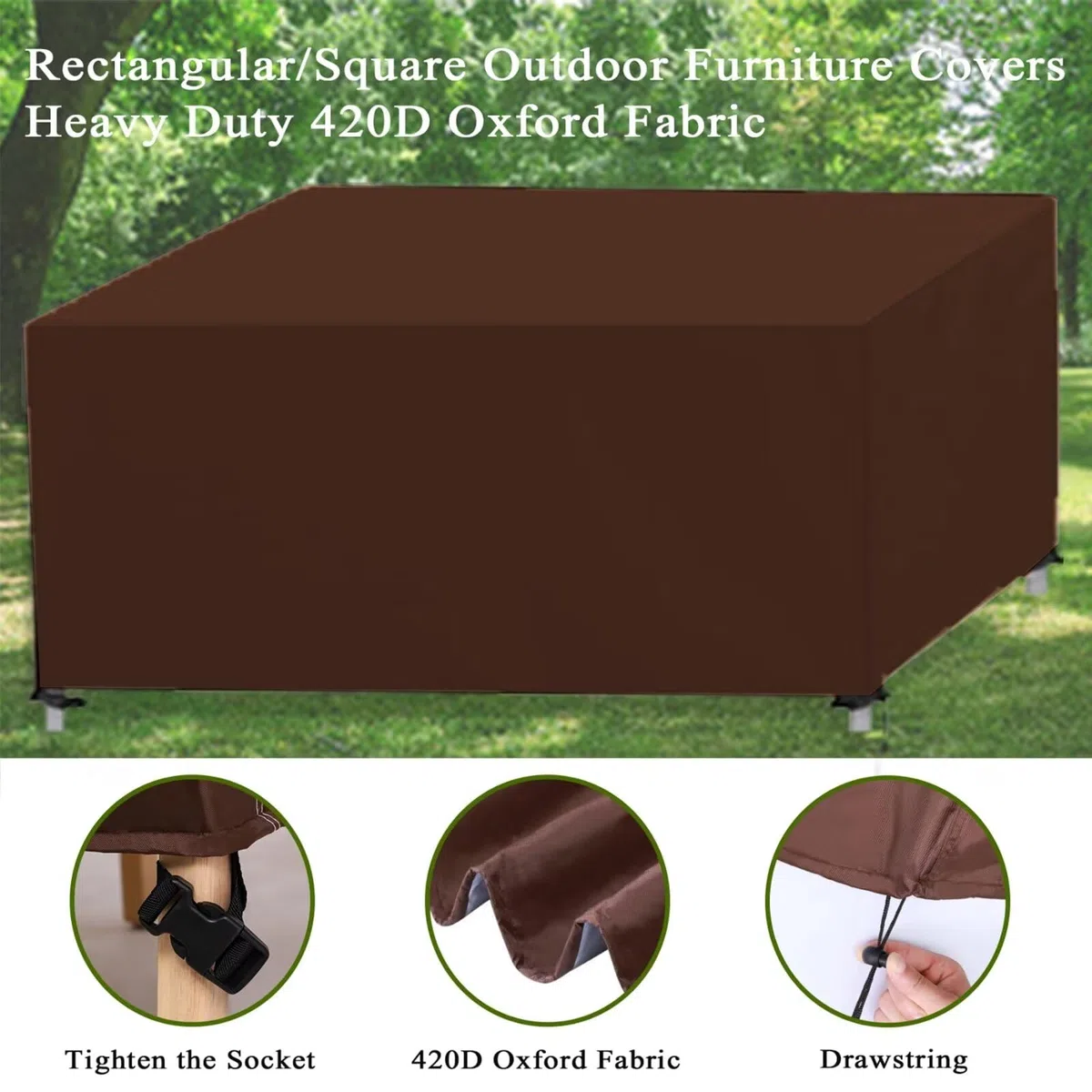 Copertura per Mobili da Giardino,Tessuto Oxford 420D Copertura per Tavolo da Giardino Esterno Rettangolare,Impermeabili,Antipolvere e Resistenti ai Raggi UV Marrone 200x130x75cm