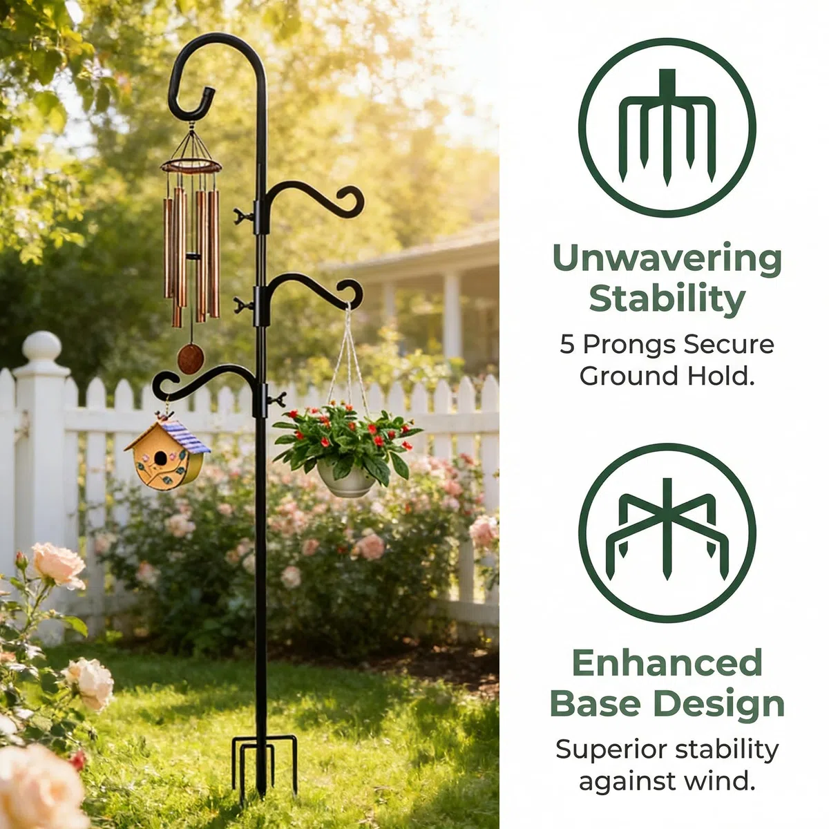 Gancio per pastore, 193 cm, gancio per il pastore da giardino, regolabile con 3 ganci resistenti alla ruggine con 5 basi pronte, set di supporto per mangiatoia per uccelli, robusto supporto per