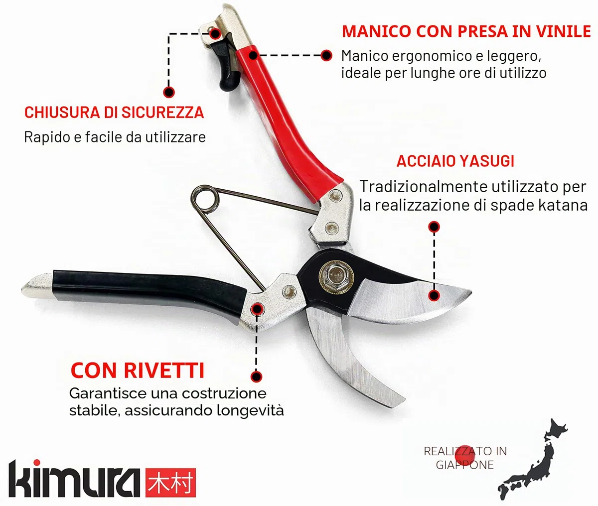 Kimura Garden Scissor Trimmer 8 pollici, [Fatto In Giappone], lama affilata in acciaio giapponese Yasugi, manici rivestiti in vinile antiscivolo, cesoie leggere, ergonomiche, bypass