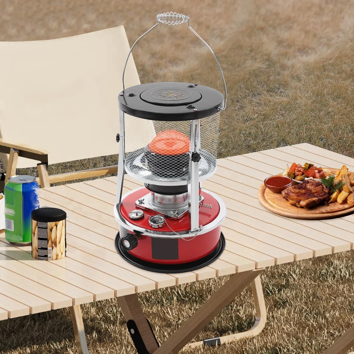 Riscaldatore a petrolio 8000 BTU, riscaldatore portatile per esterni, campeggio, garage, pesca e giardino, durata fino a 18 ore, regolabile in altezza, senza corrente (serbatoio da 5,2 l, rosso)