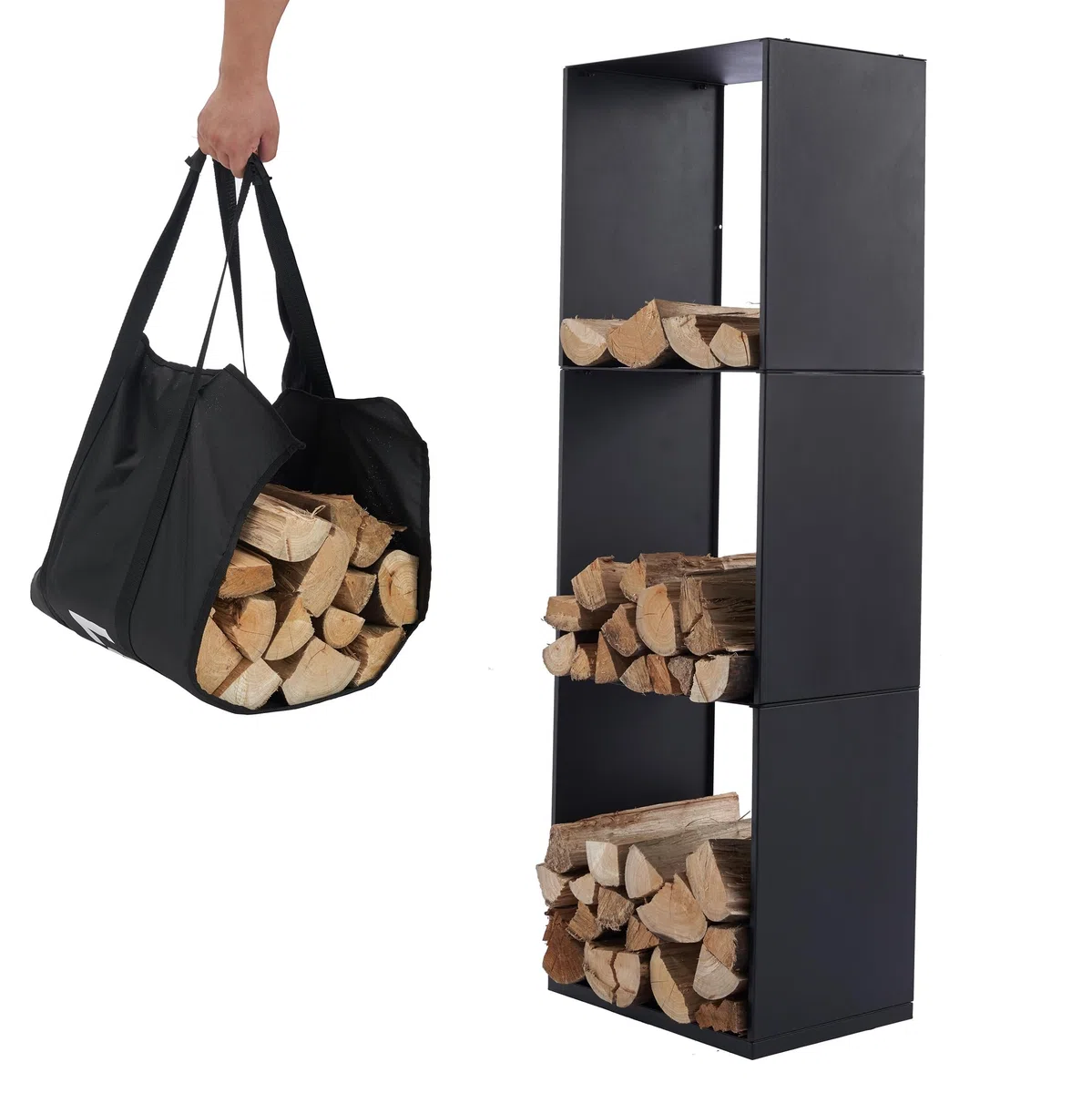 Scaffale per legna da ardere + Borsa per il trasporto, Portolegna, per interni ed esterni, per legna da ardere – deposito legna – nero – metallo (40x28x120cm)