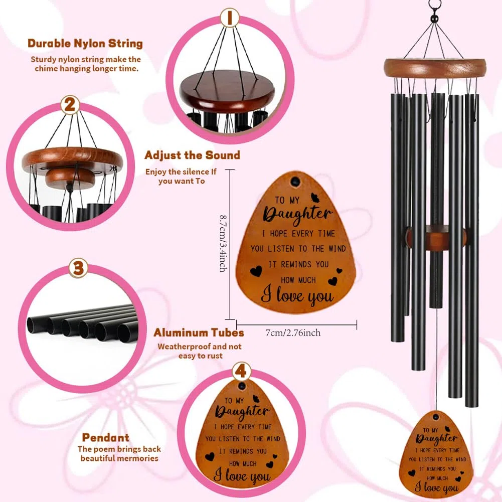 INFUNLY Campanelli a vento in metallo melodia per figlia regalo 30 x 16 cm campanelli a vento con campana in alluminio farfalla campanelli a vento con poesia commemorativa da appendere campana a vento