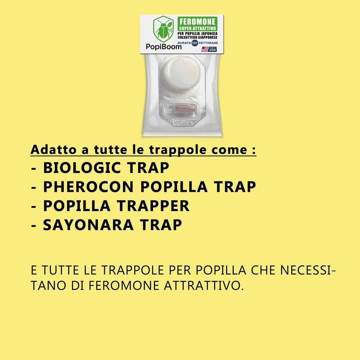 POPIBOOM | Ricarica Feromoni attrattivi per PopillIia Japonica Coleottero Giapponese Scarabeo Giapponese Made in USA. Durata 12+ settimane. Super attrattivo. 1 ricarica (PopillIia Japonica)
