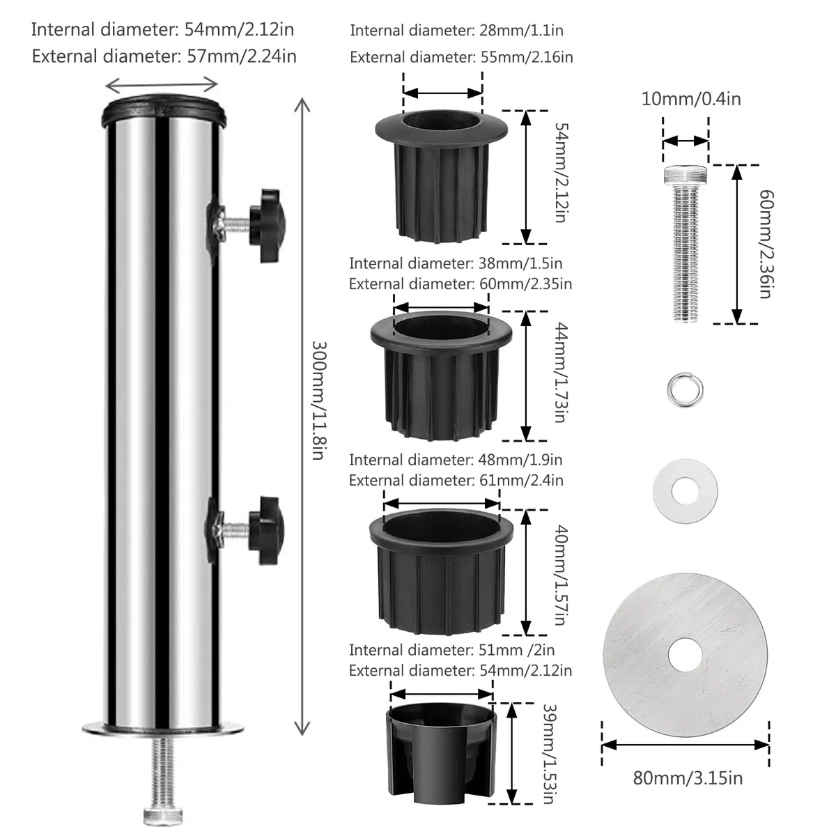 Tubo Universale in Acciaio Inox, Set di Supporti per Ombrellone in Acciaio Inox, Universale Tubo Parasole, Portaombrelli per Esterni per Terrazze, Tavolo E Balconi