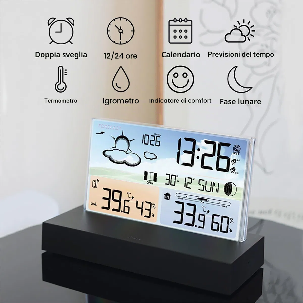 Stazione Meteorologica con Sensore Wireless Esterno, Stazione Meteorologica Digitale con Display LCD Wireless con Doppia Sveglia/Data/Temperatura/Umidità/Avviso/Barometrico/Previsioni Meteo Per Casa