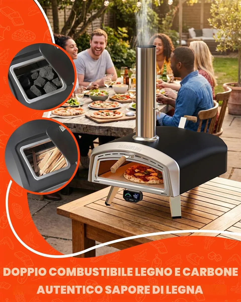 Mimiuo Forno Pizza de Esterno 16", Forno a Legna e Carbonella con Ampia Finestra di Visualizzazione, Indicatore di Temperatura Intelligente con Modalità Intelligenti per La Cucina All'aperto