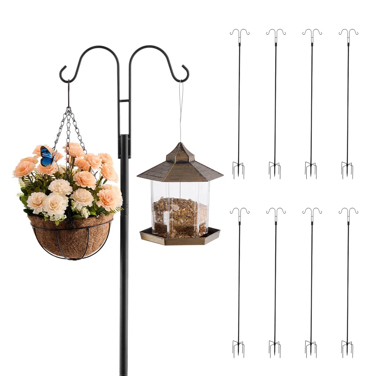 VEVOR Palo Ganci per Mangiatoia per Uccelli Gancio Doppio per Esterni 8 pezzi 2345 mm Palo Mangiatoia per Uccelli da Giardino, Supporto per Appendere Cesti per Piante, Lanterne, Campanelli
