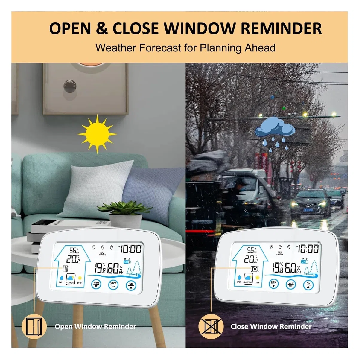 Stazione meteorologica termoigrometrica Orologi Wireless LCD per Interni ed Esterni Orologio da Tavolo con termometro con Temperatura e umidità Sveglia con Snooze