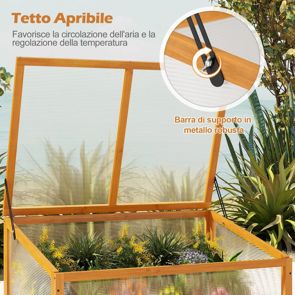 COSTWAY Serra in Legno, Mini Serra con Tetto Trasparente Apribile, Letto Rialzato da Interno ed Esterno per Balcone, Giardino e Veranda (Arancione)