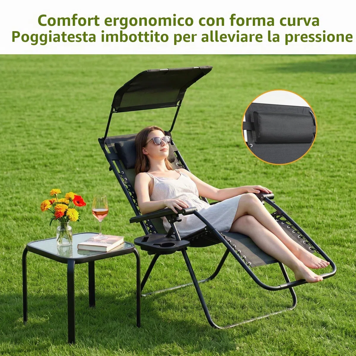 VOWNER Sedie da Giardino Pieghevoli, Set di 2 Poltrone Esterno, Nero | Poltrone pieghevoli da esterno con tettuccio parasole e porta bevande per piscina.