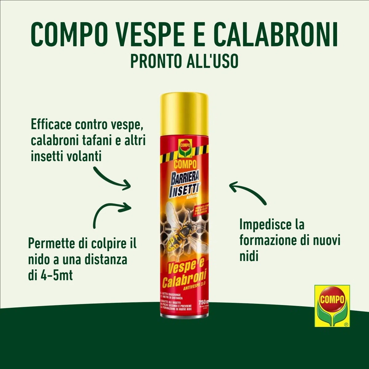 COMPO DURACID Barriera Insetticida Spray per Vespe e Calabroni, Eliminazione Efficace dei Nidi, 750 ml